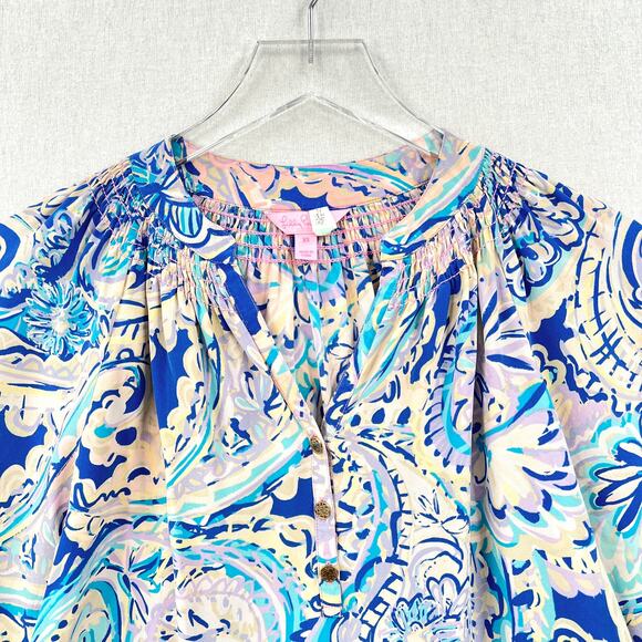 LILLY PULITZER Elsa Printed Silk Blouse Womens XS Blue Pink Long Sleeve Top FLAW - Picture 3 of 12